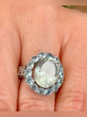 925 Sterling Silver Aquamarine Floral Halo Cocktail Ring Sz 6